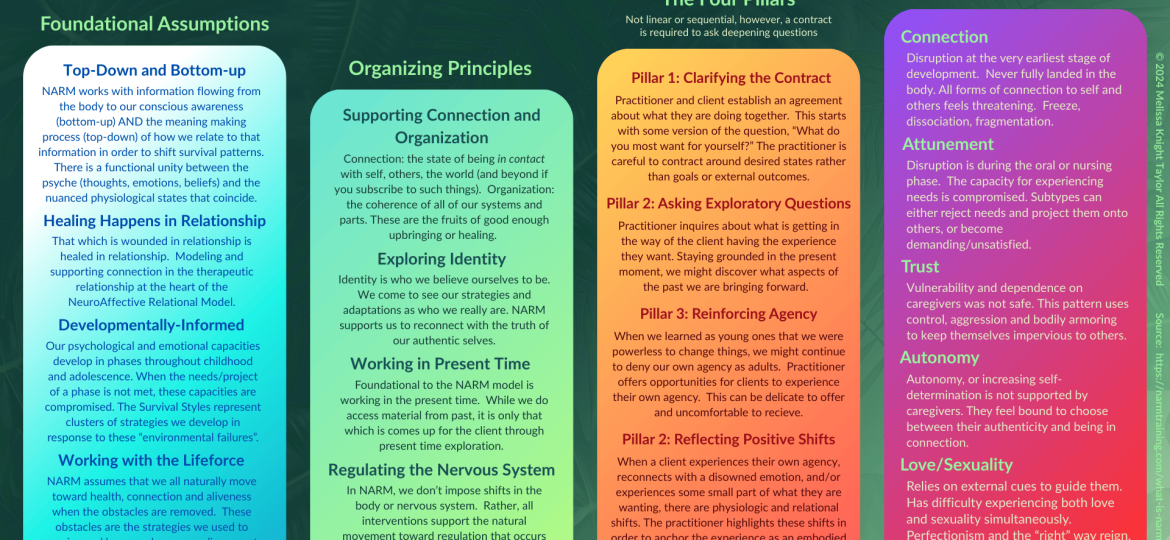 Infographic explaining the NeuroAffective Relational Model (NARM), a trauma-informed therapeutic framework. The image details NARM’s foundational assumptions, organizing principles, four clinical pillars (Clarifying the Contract, Asking Exploratory Questions, Reinforcing Agency, Reflecting Positive Shifts), and five adaptive survival styles (Connection, Attunement, Trust, Autonomy, Love/Sexuality). Designed by Melissa Knight Taylor, it emphasizes developmental trauma, nervous system regulation, identity exploration, and healing in relationship.
