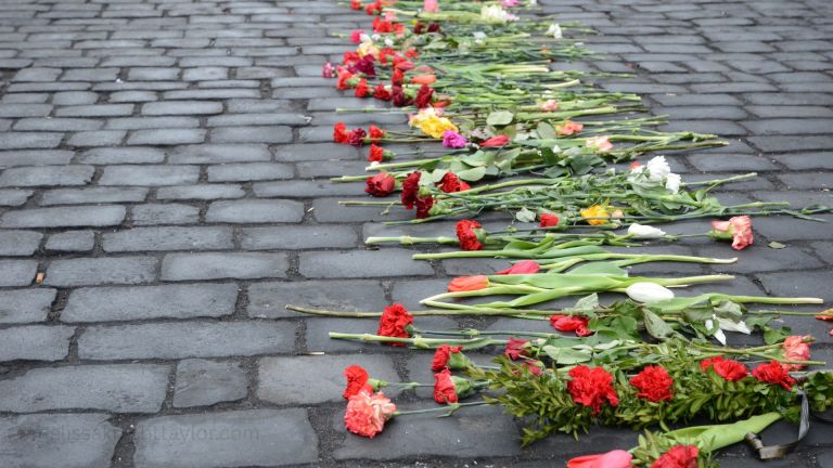 Row of red, white, and yellow flowers laid on cobblestone street in memorial tribute, symbolizing grief, remembrance, and honor.