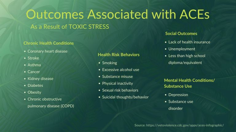 Outcomes associated with ACEs, including chronic health conditions (heart disease, stroke, asthma, cancer, kidney disease, diabetes, obesity, COPD), health risk behaviors (smoking, alcohol use, substance misuse, inactivity, sexual risk behaviors, suicidal thoughts), social outcomes (lack of insurance, unemployment, less education), and mental health conditions (depression, substance use disorder)