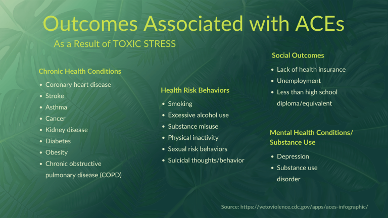 Infographic of outcomes associated with Adverse Childhood Experiences (ACEs) and toxic stress including chronic health conditions (heart disease, stroke, asthma, cancer, kidney disease, diabetes, obesity, COPD), health risk behaviors (smoking, alcohol use, substance misuse, inactivity, sexual risk behaviors, suicidal thoughts), social outcomes (lack of insurance, unemployment, less education), and mental health conditions (depression, substance use disorder)