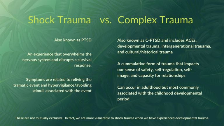 Educational slide comparing shock trauma and complex trauma. Shock trauma, also known as PTSD, is described as a single overwhelming event, while complex trauma, or C-PTSD, involves developmental, intergenerational, and cultural trauma. The slide explains key differences in symptoms, causes, and developmental impact, with a tropical leaf background that visually supports trauma-informed and healing themes.