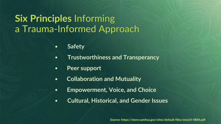 Infographic titled “Six Principles Informing a Trauma-Informed Approach” listing key principles: Safety, Trustworthiness and Transparency, Peer Support, Collaboration and Mutuality, Empowerment Voice and Choice, and Cultural, Historical, and Gender Issues. Presented on a green leafy background with a citation from SAMHSA.
