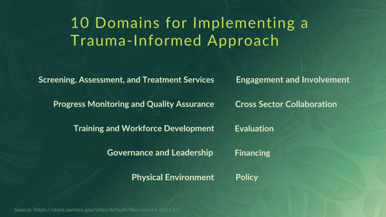 Ten domains for implementing a trauma-informed approach: screening, assessment, and treatment; progress monitoring and quality assurance; training and workforce development; governance and leadership; physical environment; policy; financing; evaluation; cross-sector collaboration; and engagement and involvement