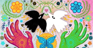 Light and dark birds joined at a heart with butterfly and hennaed hands