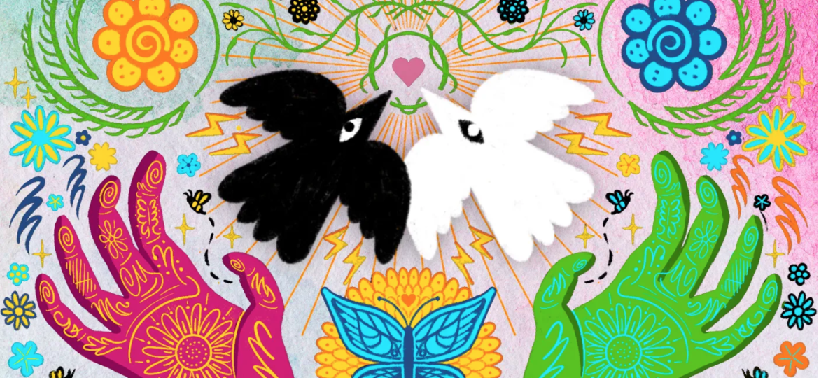 Light and dark birds joined at a heart with butterfly and hennaed hands
