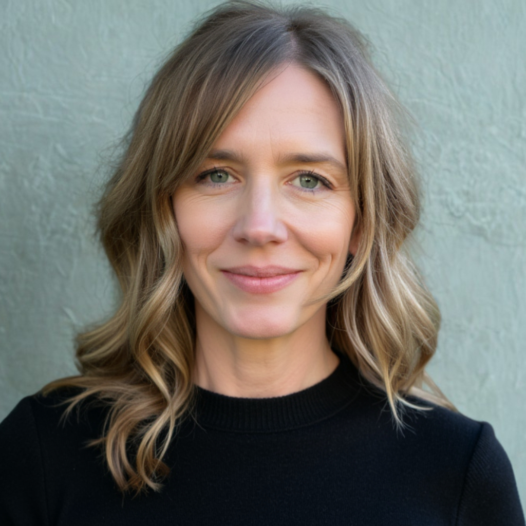 Portrait of Melissa Knight Taylor, NARM® Master Practitioner and trauma-informed coach, smiling warmly against grey backdrop. She has shoulder-length blonde hair and wears a black shirt, representing a calm, approachable presence aligned with her work in relational healing and nervous system regulation.