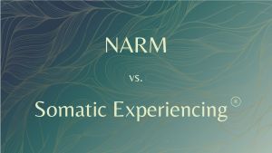 Teal background with gold swirls overlaid. Displays the title NARM vs. Somatic Experiencing