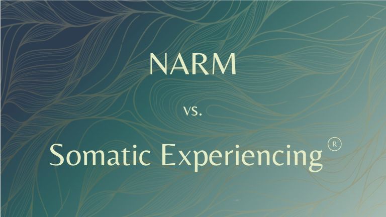 Teal background with gold swirls overlaid. Displays the title NARM vs. Somatic Experiencing