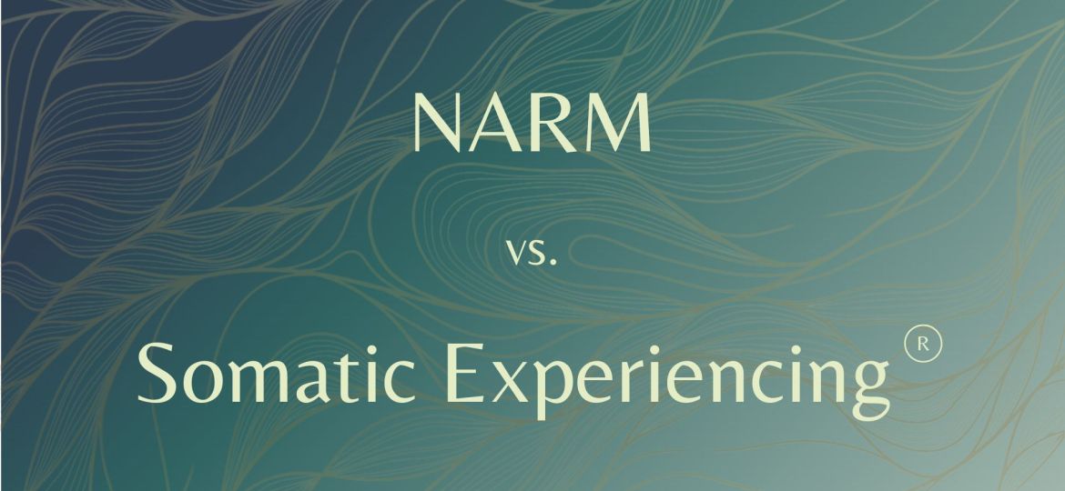 Teal background with gold swirls overlaid. Displays the title NARM vs. Somatic Experiencing